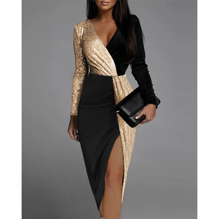 Sexy Long Sleeves Black and Gold Women Party Dresses Tunics Fleece cozy