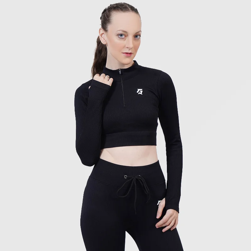 Fitness Ribbed Crop Top (Black) Nylon Fabric Polyester Fabric Spandex Fabric