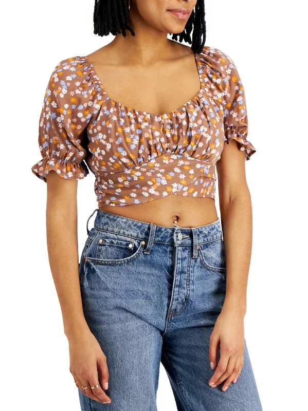 Women's Back Tie Floral Printed Crop Top,Brown Fleece Nylon Spandex