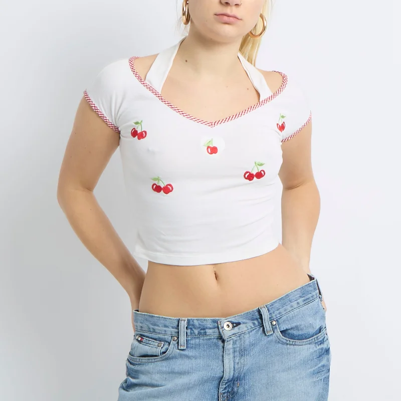 Cherry Detail Gingham Trim Crop Top - UK 8 Solid Print Embellished