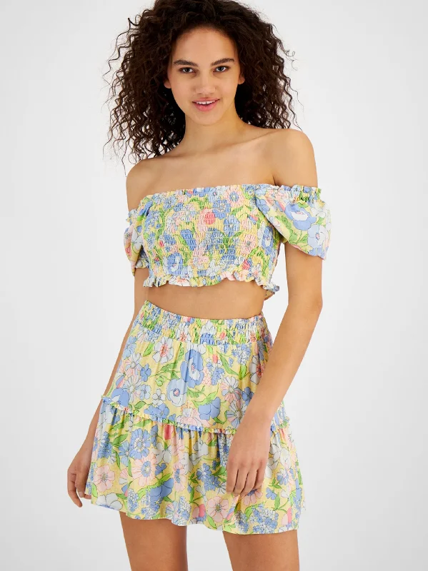 Women's Floral Off Shoulder Crop Top,Multi Nylon Fabric Polyester Fabric Spandex Fabric