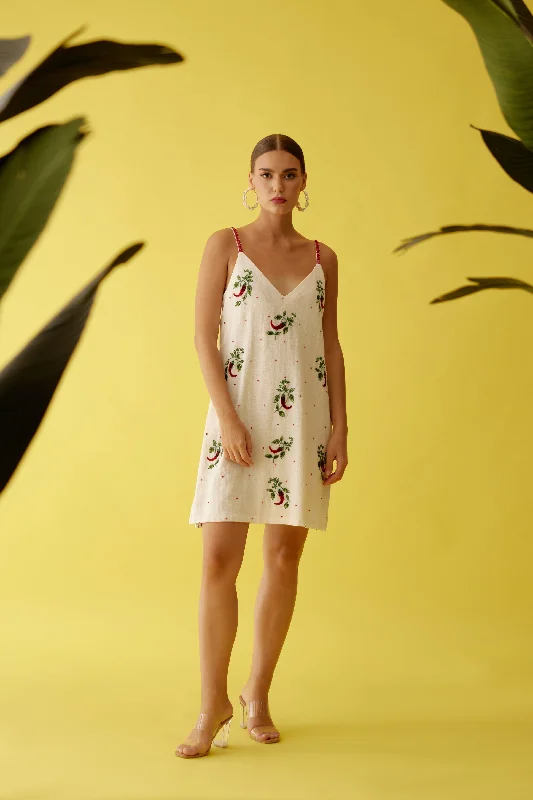 Off-White Hand Painted Chilli Print V-Neck Slip Dress Tunics Lace romantic