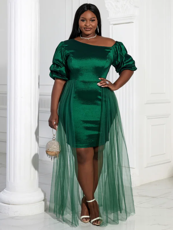 Women Puff Sleeves Patchwork Mesh Green Dress Crew Neckline Sporty