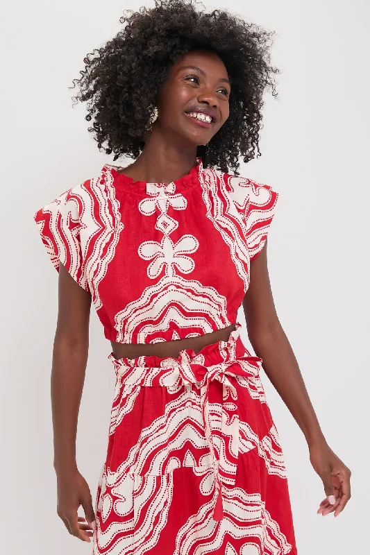 Niku Red Muna Crop Top Graphic Embroidered Appliqued