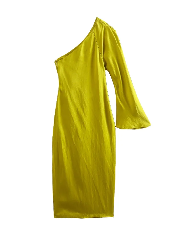 Yipinpay Asymmetrical Long Dress Women Yellow Satin Dress Woman One Shoulder Elegant Party Dresses 2023 Ruched Midi Summer Dresses Tunics Ceremony elegant