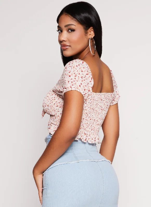 Iris Floral Print Peasant Tie Front Crop Top Denim Fabric Leather Fabric Suede Fabric