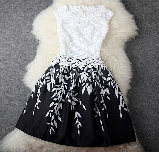 A-line round neck lace short prom dress,party dress  7596 Pencil Length Work