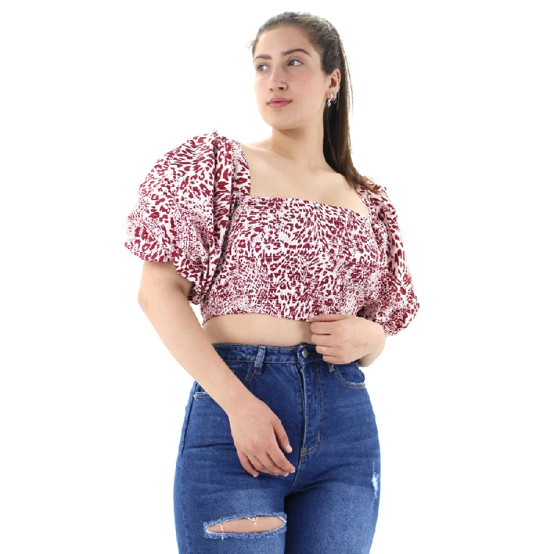Women's Printed Smocked Crop Top,Burgundy Modern Contemporary Chic