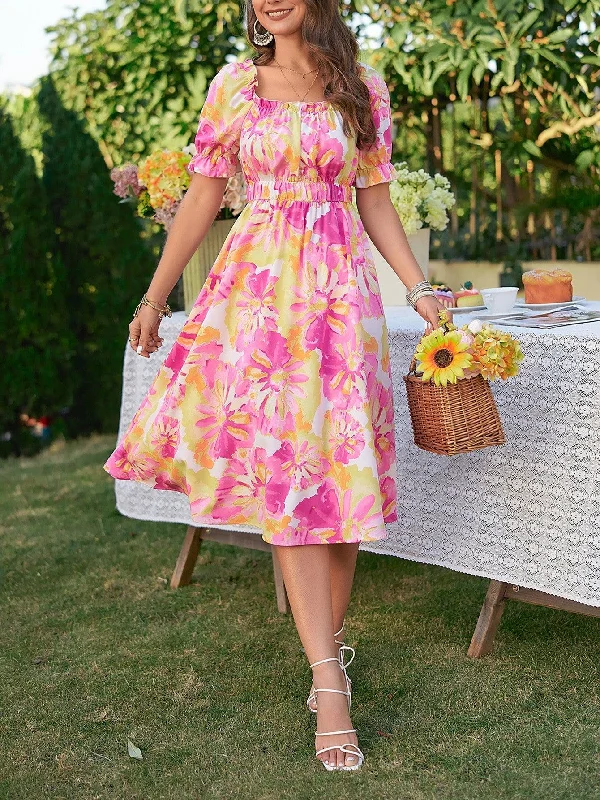 Floral Frill Trim Square Neck Dress Tunics Essential wardrobe