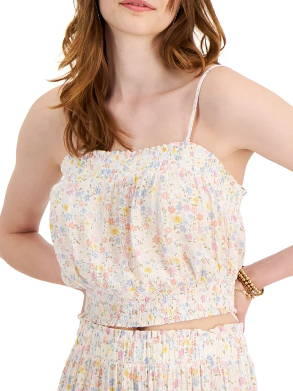 Women's Floral Printed Crop Top,Light Beige Wool Fabric Cashmere Fabric Tweed Fabric