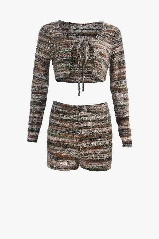Brown Striped Textured Crop Top & Shorts Set Hooded Caped Shawl Collar