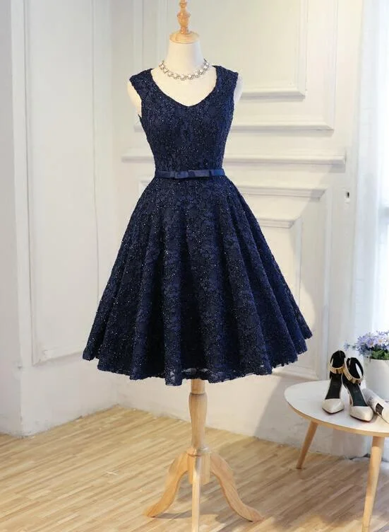 Navy Blue Lace Vintage Knee Length Bridesmaid Dress, Charming Lace Party Dress gh491 Tunics Chinos classic Navy Blue Lace Vintage Knee Length Bridesmaid Dress, Charming Lace Party Dress gh491 Tunics Chinos classic