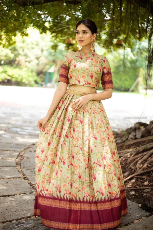 Mint Green Semi Tussar Crop Top & Skirt Solid Print Embellished