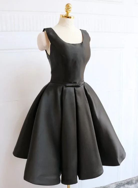 Black Satin Knee Length Party Dress Black Backless Evening Dress gh515 Boat Neckline Classic Black Satin Knee Length Party Dress Black Backless Evening Dress gh515 Boat Neckline Classic