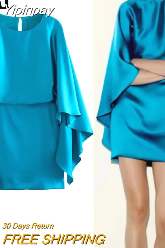 Yipinpay Blue Satin Dress Woman Short Elegant Party Dresses For Women 2023 Cape Sleeve Summer Dresses Mini Woman's Evening Dress Glittery Long Formal