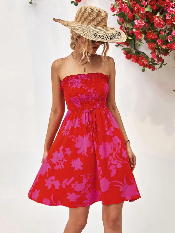 Floral Frill Trim Strapless Smocked Dress Tunics Polka dots