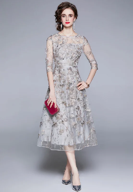 Summer temperament elegant dress mesh embroidery party dress Crew Neckline Sporty