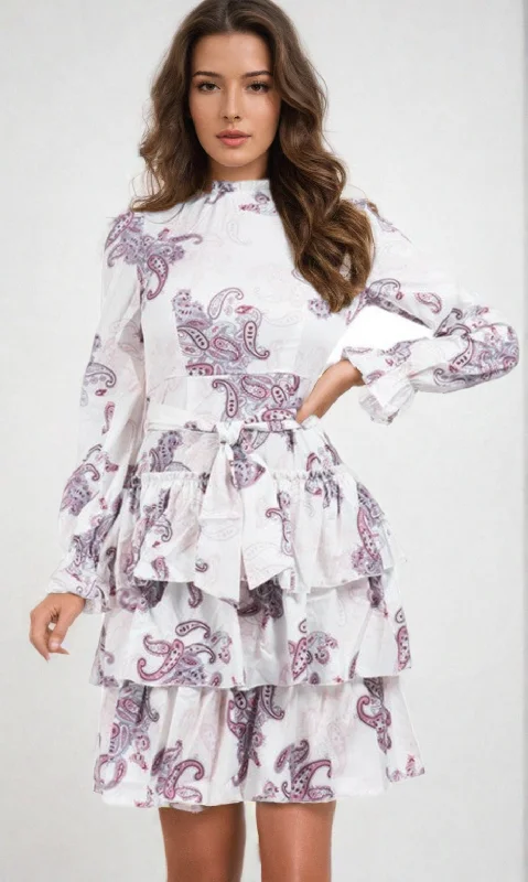 Long Sleeve Short Print Ruffle Party Dress D089A-2 Tunics Fall fleece