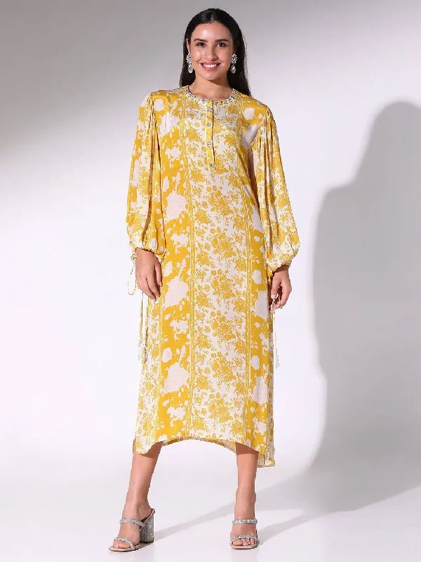 Mustard Floral Printed Tunic Dress Tunics stripes playful