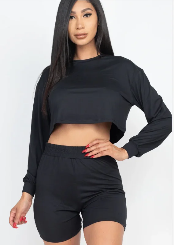 Cozy L/S Crop Top & Shorts Set Capella 3013 Front Pockets Side Pockets Patch Pockets
