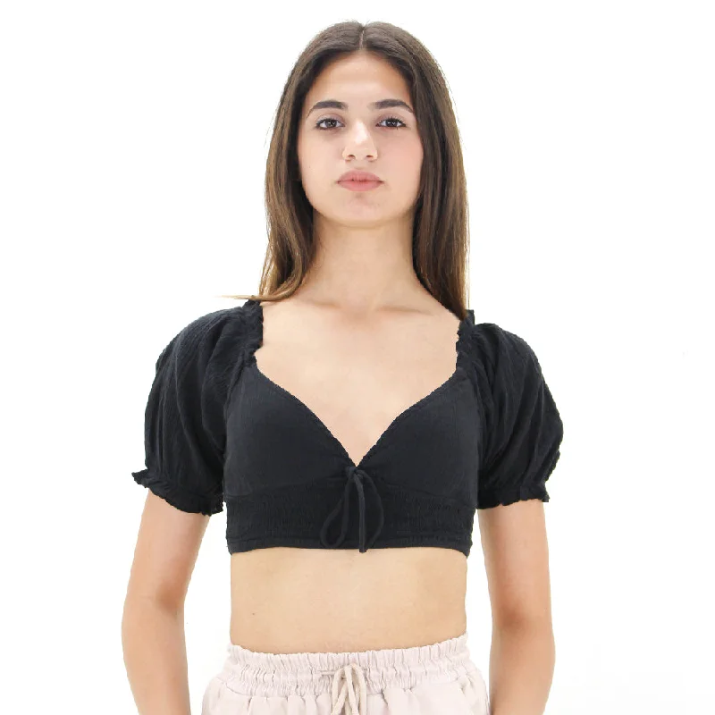 Women's Cotton Ruffle Crop Top,Black Real Fur Shearling Chenille