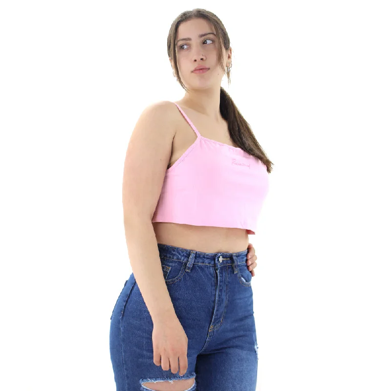 Women's Spaghetti Strap Crop Top,Pink Seamless Knitted Crochet