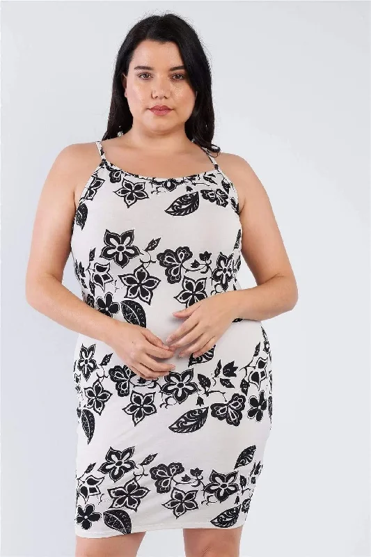Plus Size Ivory Black Floral Basic Dress Tunics Prom sequined