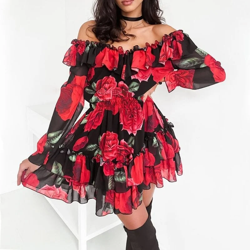 Women Off Shoulder Ruffles Flower Print Long Sleeve Elegant Party Dress Chiffon Tunics Designer luxury