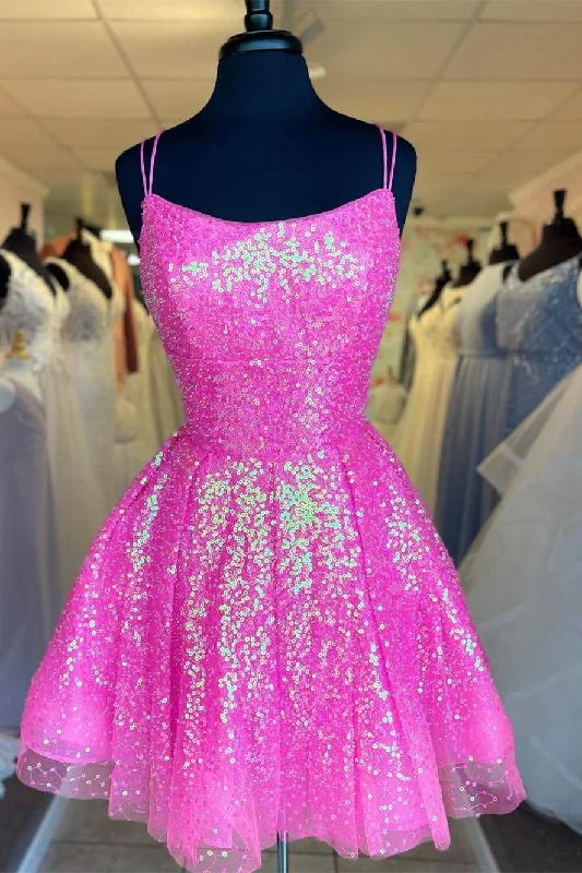 Sparkle A-line Barbie Pink Sequins Short Party Dress gh1482 Tunics Gym athletic