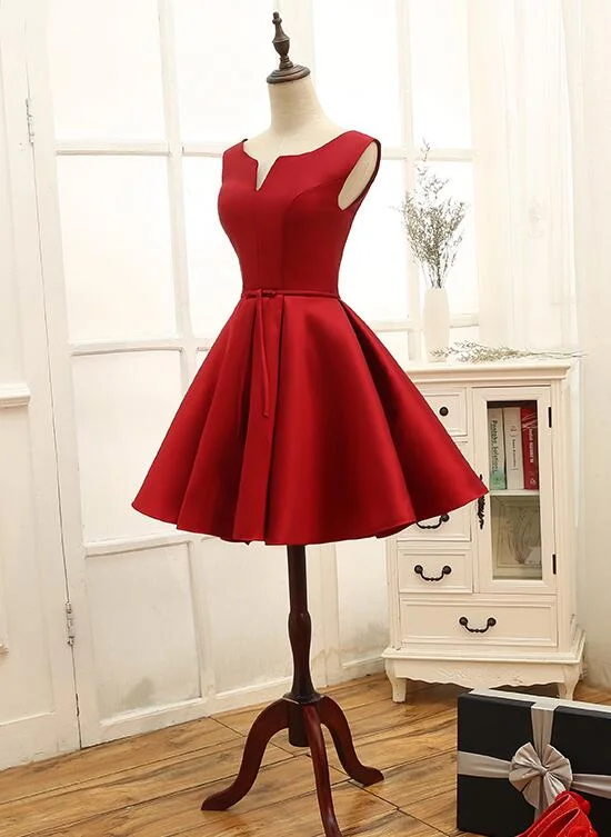Adorable Red Satin Homecoming Dress , Short Party Dress gh517 Boatneck Modish Everyday Adorable Red Satin Homecoming Dress , Short Party Dress gh517 Boatneck Modish Everyday