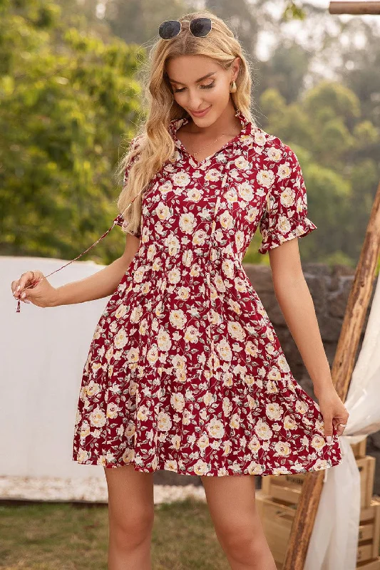 Floral Ruffle Trim Tie-Neck Dress Tunics Polka dots