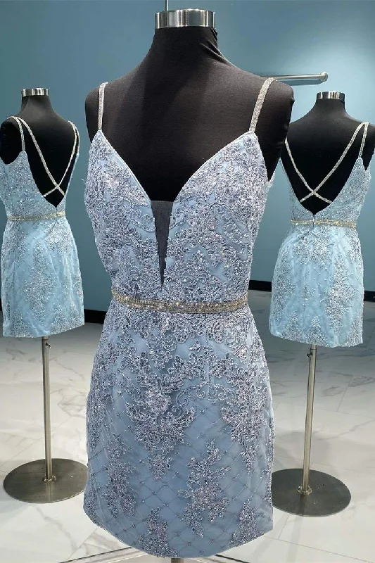 Straps Light Blue Embroidered Bodycon Party Dress  gh1479 Tunics Hiking breathable