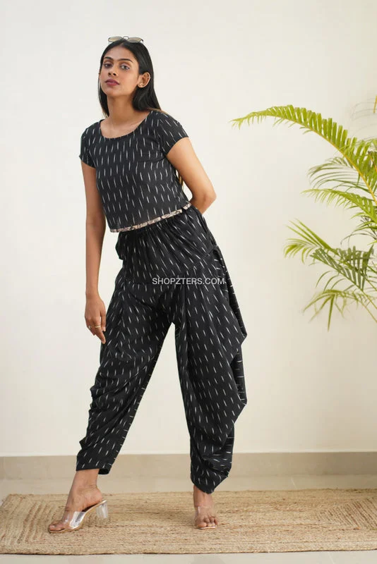 Black Ikat Crop Top With Cowl pants Notch Collar Peter Pan Collar Cowl Neck