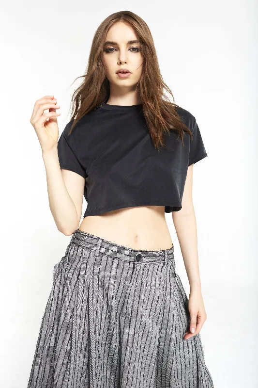 Black Cupro Crop Top Hooded Caped Shawl Collar