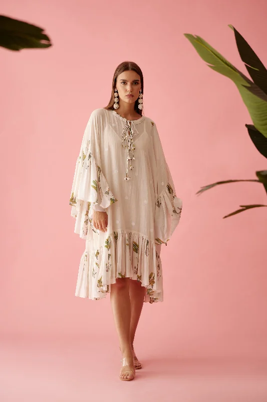 Cream Handwoven Jamdani Cotton Frill Dress Tunics Running lightweight