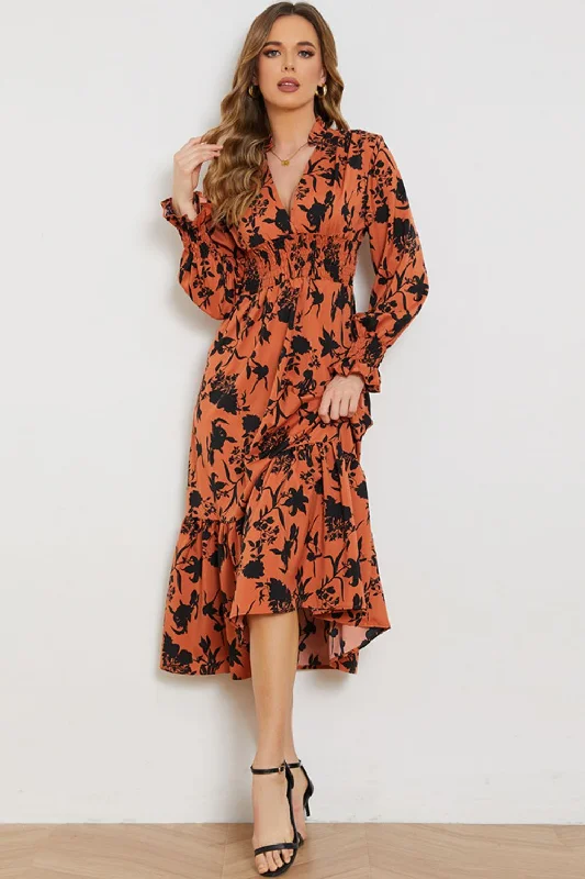 Floral Smocked Long Flounce Sleeve Dress Bodycon Club Sequined