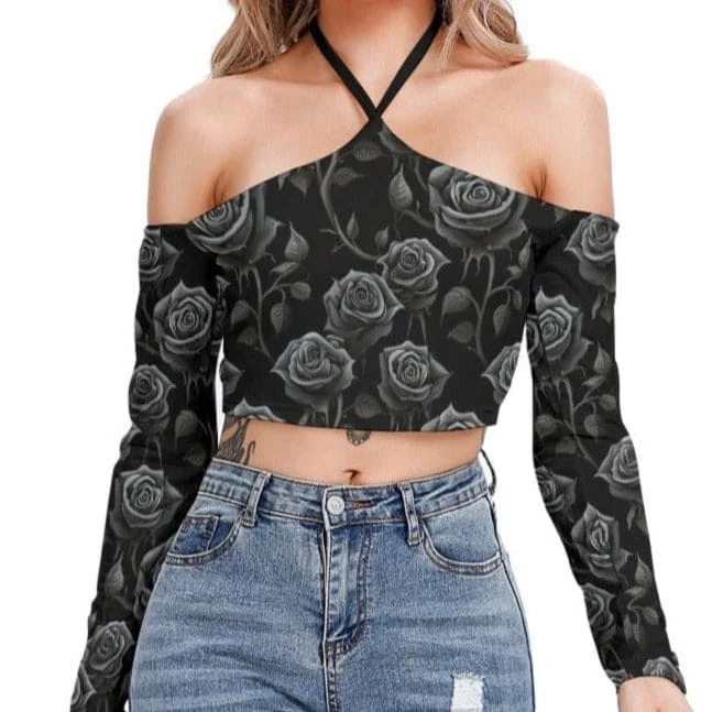 Women's Black Roses Halter Lace-up Long Sleeve Crop Top Welt Pockets Slit Pockets Flap Pockets