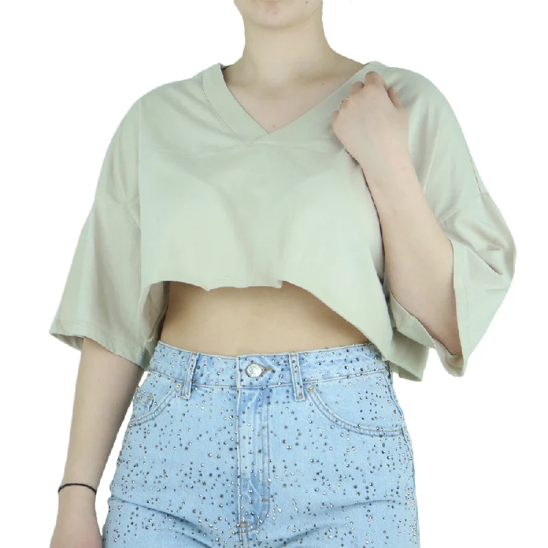 Women's Casual Crop Top,Beige Zippered Front Buttoned Front Snap Front