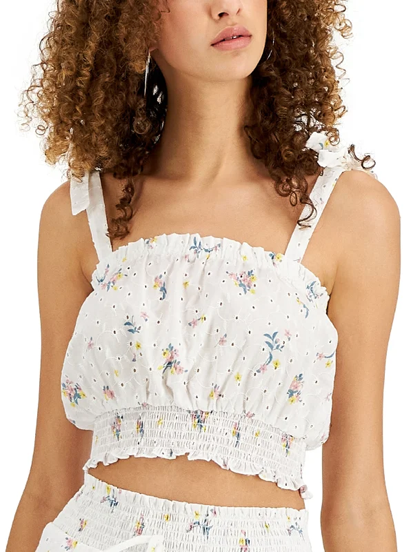 Women's Eyelet Floral Printed Smocked Waist  Crop Top,White Hooded Caped Shawl Collar