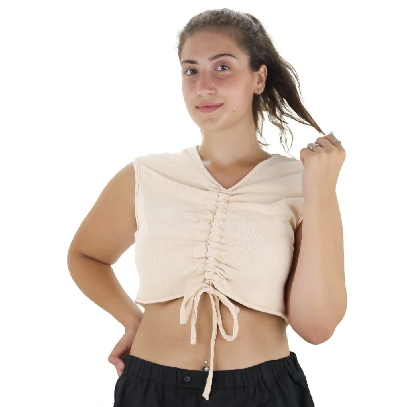 Women's Ruched Front Crop Top,Beige Collared Crew Neck Turtle Neck