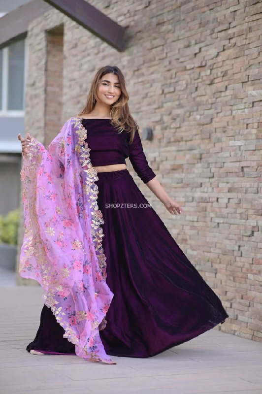 Wine Velvet Crop Top & Skirt with Dupatta Welt Pockets Slit Pockets Flap Pockets