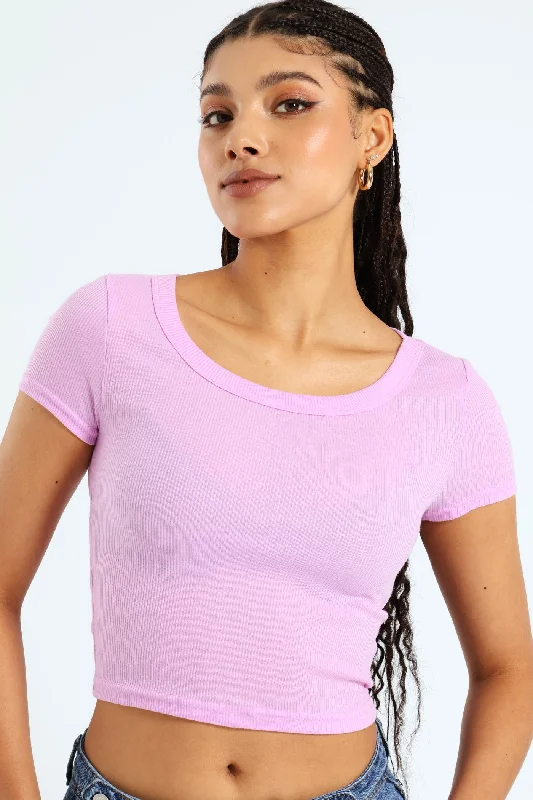 Scoop Neck Rib Crop Top - Pink Polka Dot Checkered Tartan