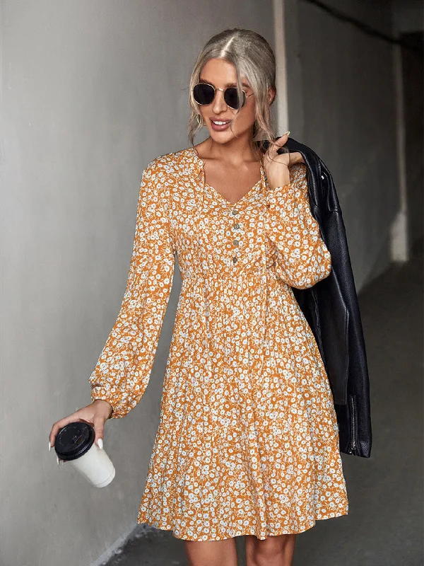 Floral Tie Neck Buttoned Balloon Sleeve Dress Tunics Trendy modern
