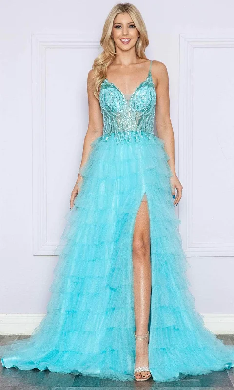 Poly USA 9408 - Plunging V-Neck Tiered Prom Dress Tunics Versatile functional