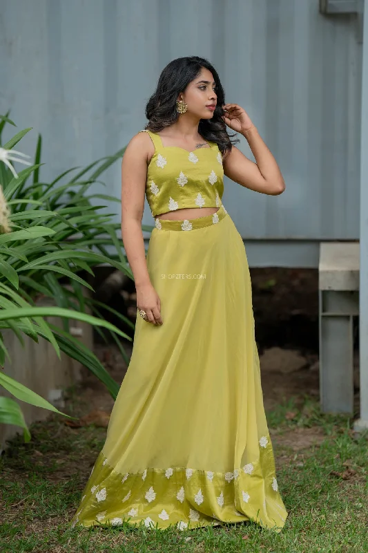 Apple Green Crop Top & Skirt With Embroidery & Sequins Mesh Blend Leather Blend Suede Blend