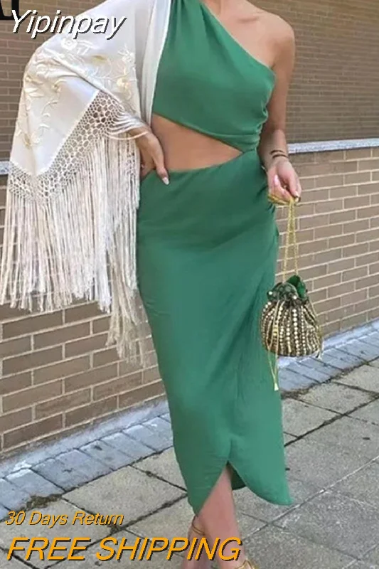 Yipinpay 2023 Cut Out Long Dress Women Asymmetric Green Sleeveless Dress Woman Ruched Off Shoulder Midi Summer Elegant Party Dresses Tunics Lace romantic Yipinpay 2023 Cut Out Long Dress Women Asymmetric Green Sleeveless Dress Woman Ruched Off Shoulder Midi Summer Elegant Party Dresses Tunics Lace romantic