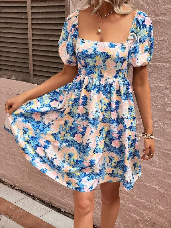 Floral Square Neck Puff Sleeve Dress Tunics Trendy modern