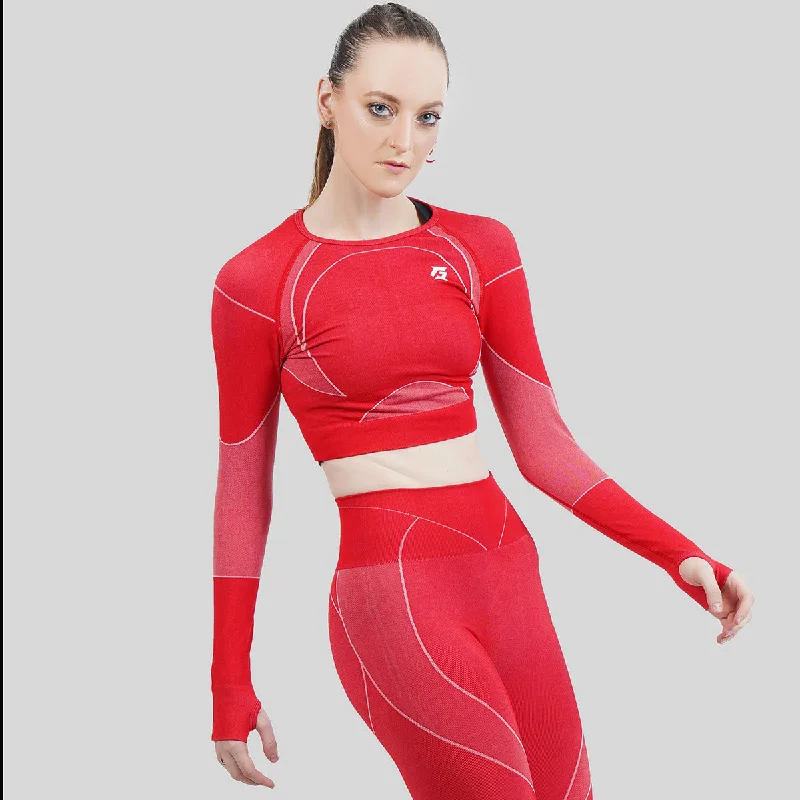 Galvanize Seamless Crop Top (Red) Ribbed Striped Patterned