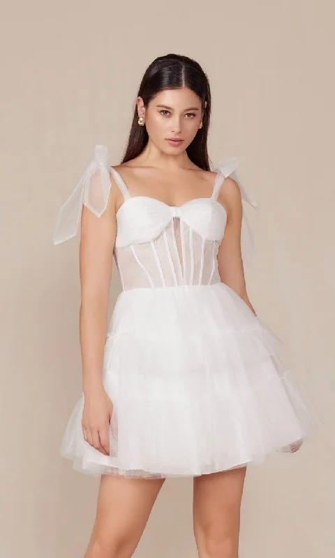 Sheer-Bodice Short White A-Line Party Dress Y858W Tunics Bridal satin