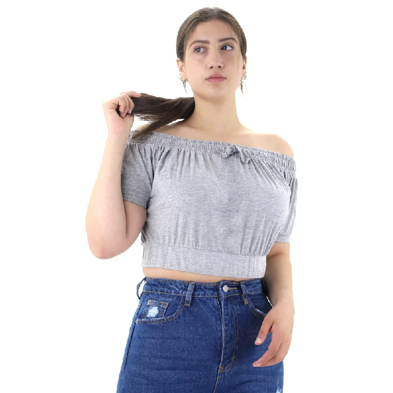 Women's Off Shoulder Crop Top,Grey Rayon Velvet Corduroy